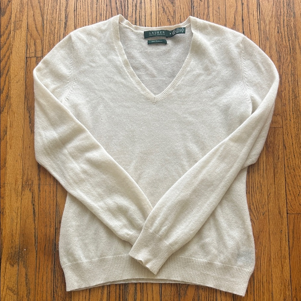 Lauren Ralph Lauren Women's Cashmere V-Neck Sweater in Ivory M